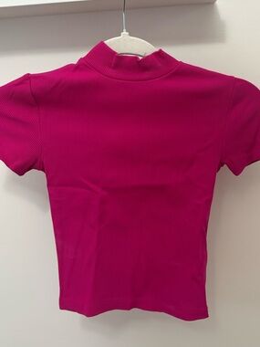 Aritzia Babaton Short-Sleeve Mock Neck Top in Fuchsia Pink